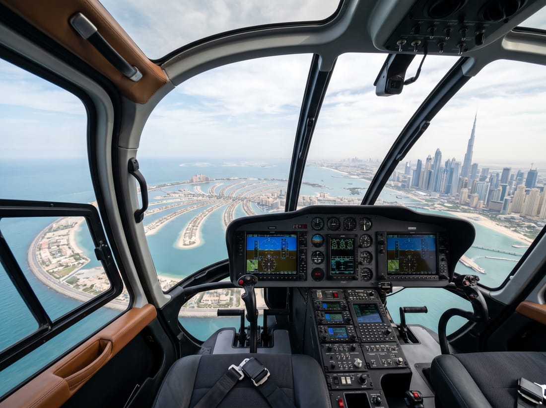 View from a helicopter cockpit over the Dubai coastline and Palm Jumeirah
