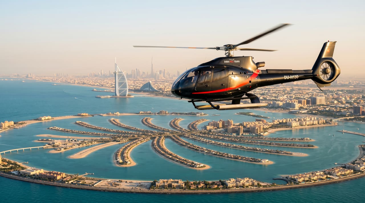 Aerial view of Palm Jumeirah and Burj Al Arab from a Dubai helicopter tour