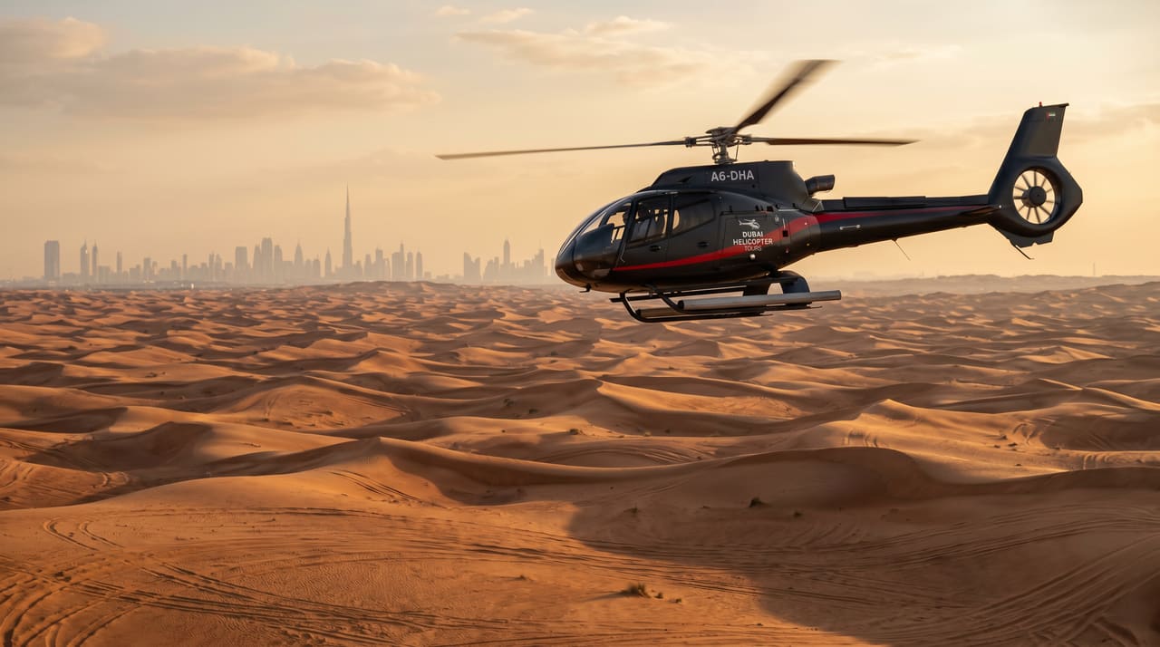 Helicopter over Dubai desert dunes at golden hour on the 60-minute Gulf Desert Tour