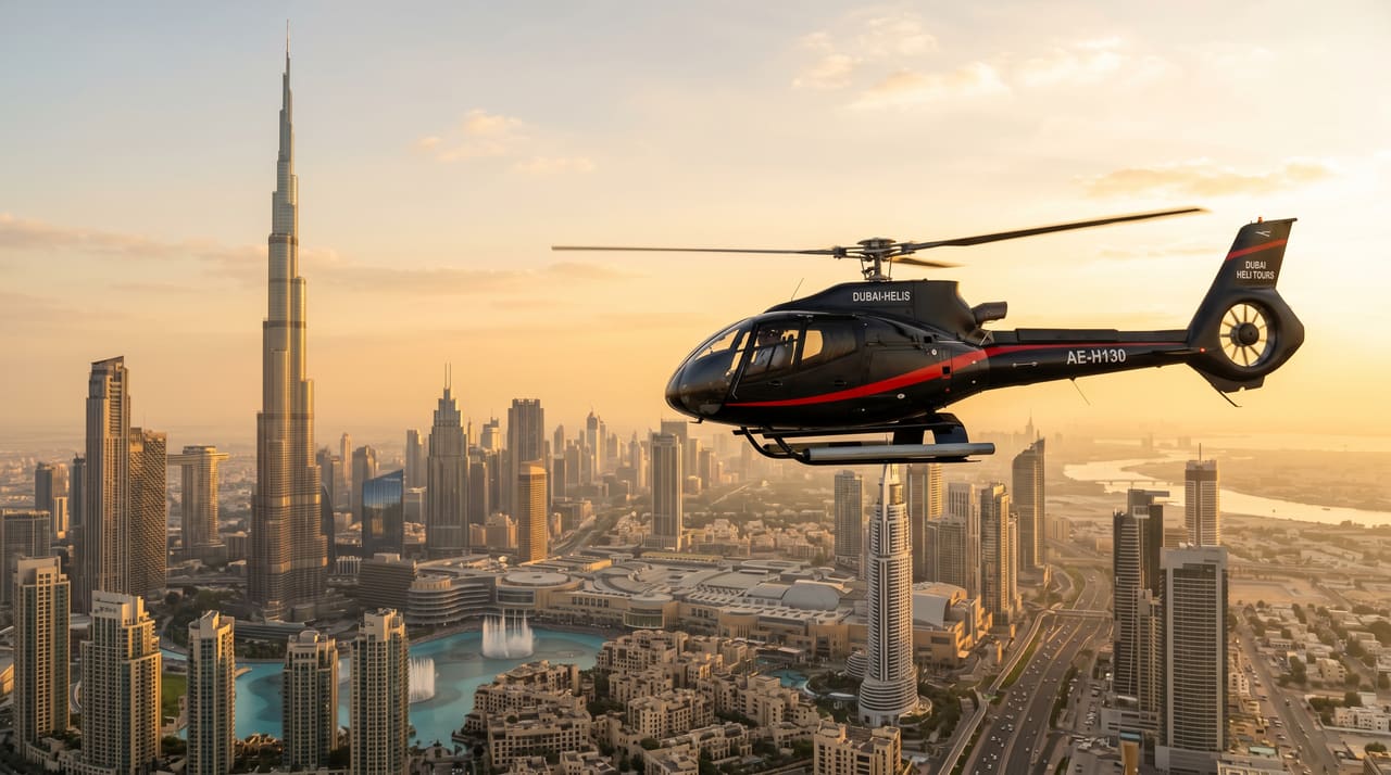 Burj Khalifa and Downtown Dubai photographed from a helicopter at golden hour