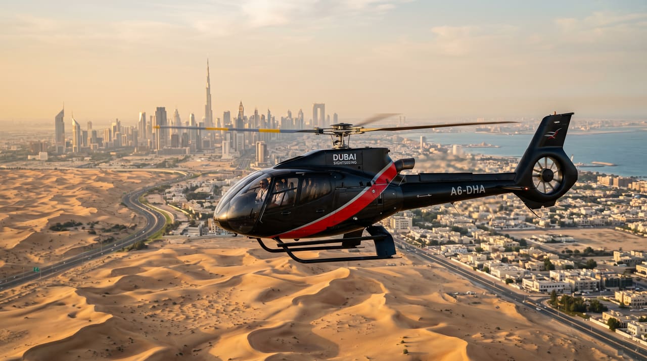 Private helicopter over the Dubai coastline at sunset on the Imperial Tour